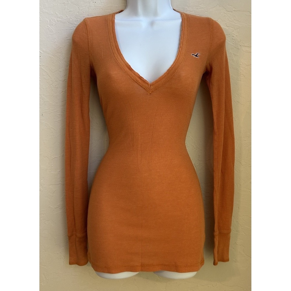 Vintage Y2K Hollister Orange Waffle Knit V Neck M Longline Preppy 2000s Bella
